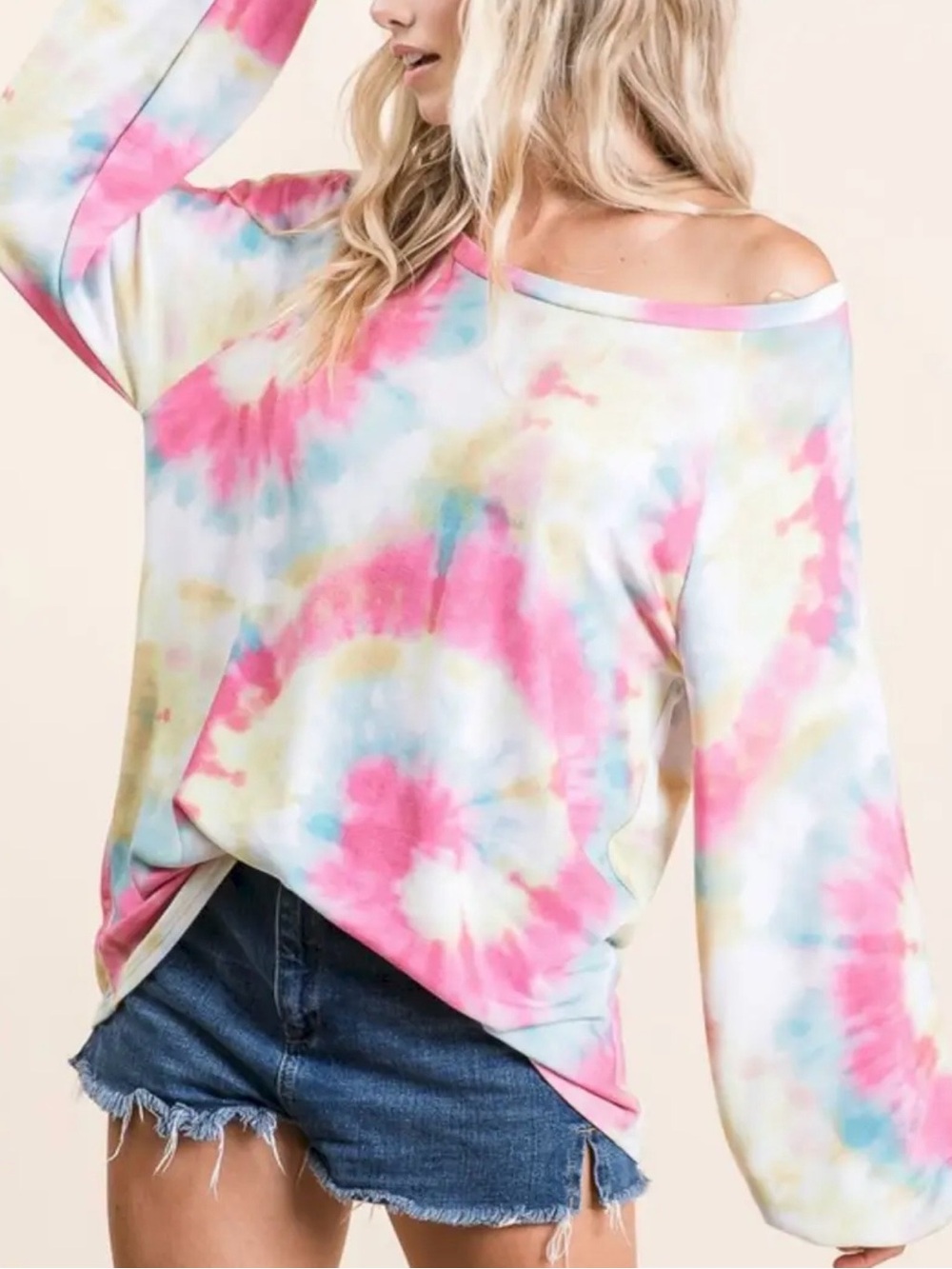 BiBi Lightweight Off-Shoulder Tie-Dye Sweatshirt in Pink, Blue & Yellow